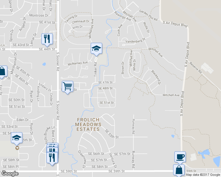 map of restaurants, bars, coffee shops, grocery stores, and more near 6486 Southeast 48th Street in Oklahoma City