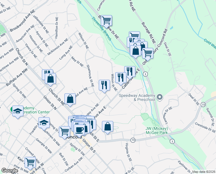 map of restaurants, bars, coffee shops, grocery stores, and more near 193 Hoover Avenue Northeast in Concord