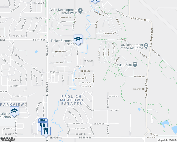map of restaurants, bars, coffee shops, grocery stores, and more near 6416 Southeast 48th Street in Oklahoma City