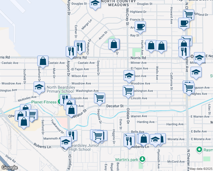 map of restaurants, bars, coffee shops, grocery stores, and more near 611 Woodrow Avenue in Bakersfield