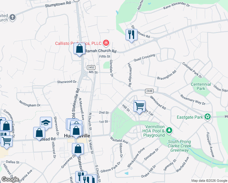 map of restaurants, bars, coffee shops, grocery stores, and more near 404 North Church Street in Huntersville