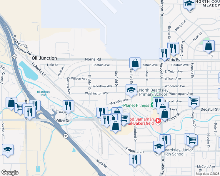 map of restaurants, bars, coffee shops, grocery stores, and more near 1200 Woodrow Avenue in Bakersfield