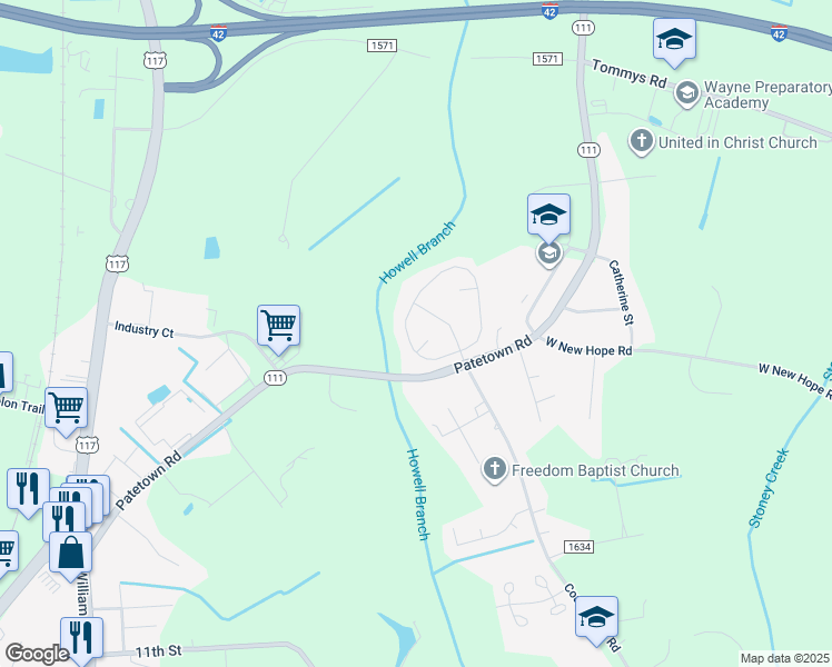 map of restaurants, bars, coffee shops, grocery stores, and more near 203 Kingston Circle in Goldsboro