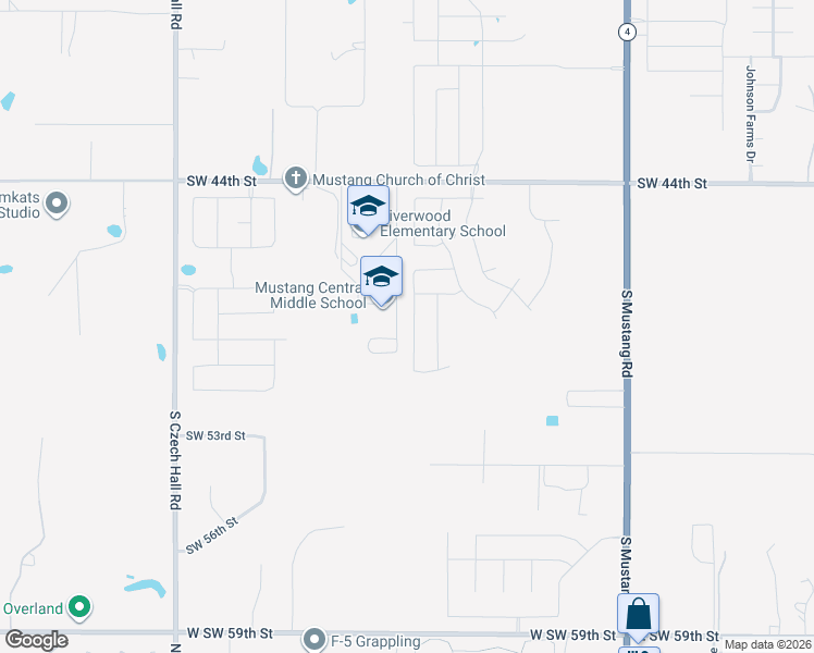 map of restaurants, bars, coffee shops, grocery stores, and more near 11749 Southwest 54th Street in Mustang