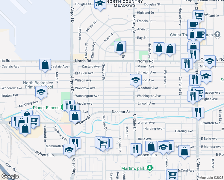 map of restaurants, bars, coffee shops, grocery stores, and more near 611 Woodrow Avenue in Bakersfield