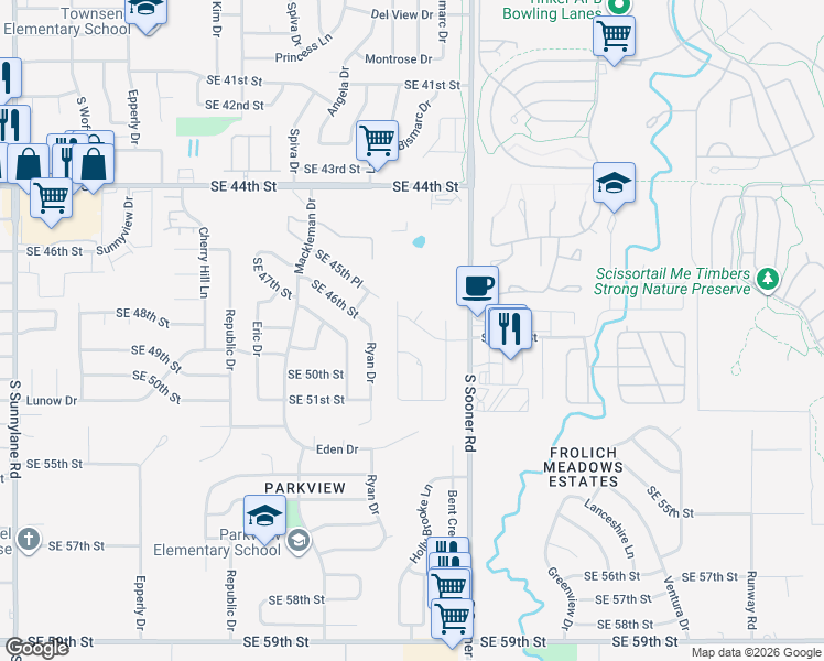 map of restaurants, bars, coffee shops, grocery stores, and more near 4909 Kindling Lane in Oklahoma City