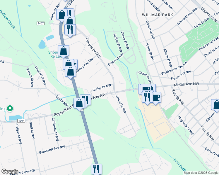 map of restaurants, bars, coffee shops, grocery stores, and more near 315 Gurley Drive Northwest in Concord