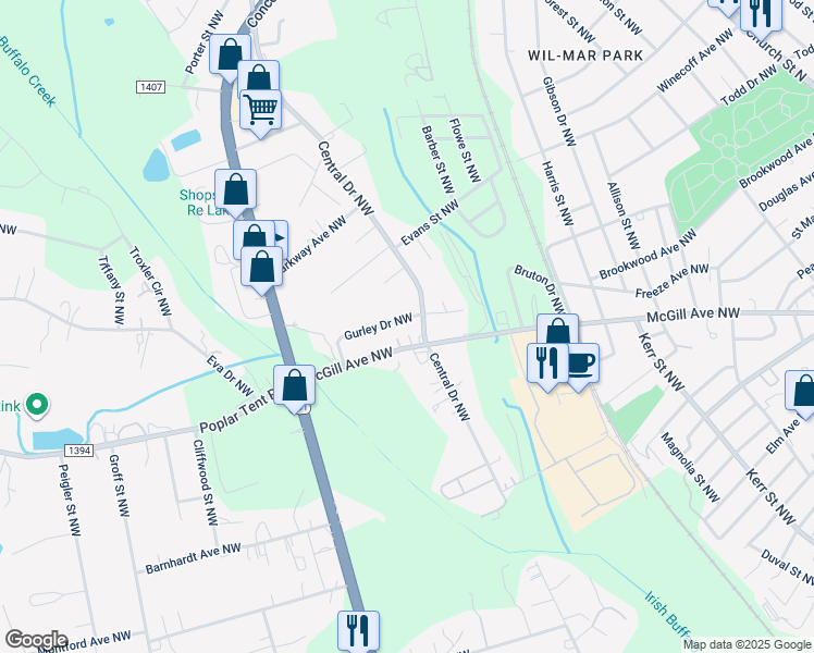 map of restaurants, bars, coffee shops, grocery stores, and more near 315 Gurley Drive Northwest in Concord