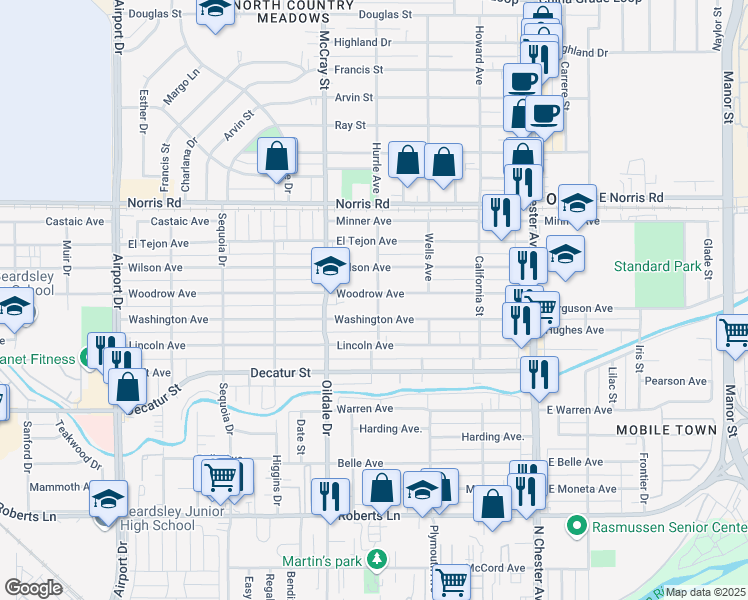 map of restaurants, bars, coffee shops, grocery stores, and more near 401 Woodrow Avenue in Bakersfield