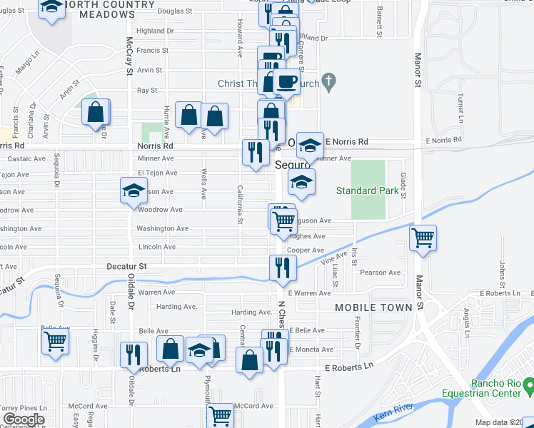 map of restaurants, bars, coffee shops, grocery stores, and more near 107 Woodrow Avenue in Bakersfield