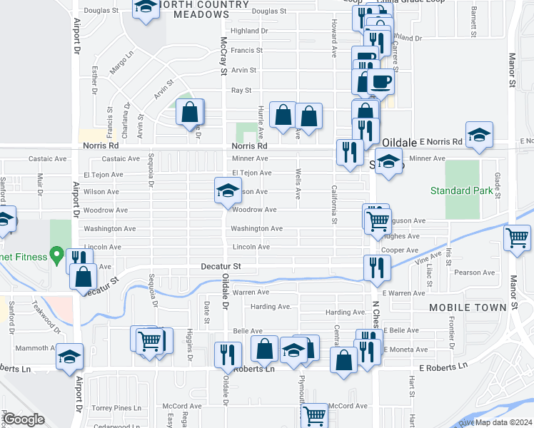 map of restaurants, bars, coffee shops, grocery stores, and more near 327 Woodrow Avenue in Bakersfield
