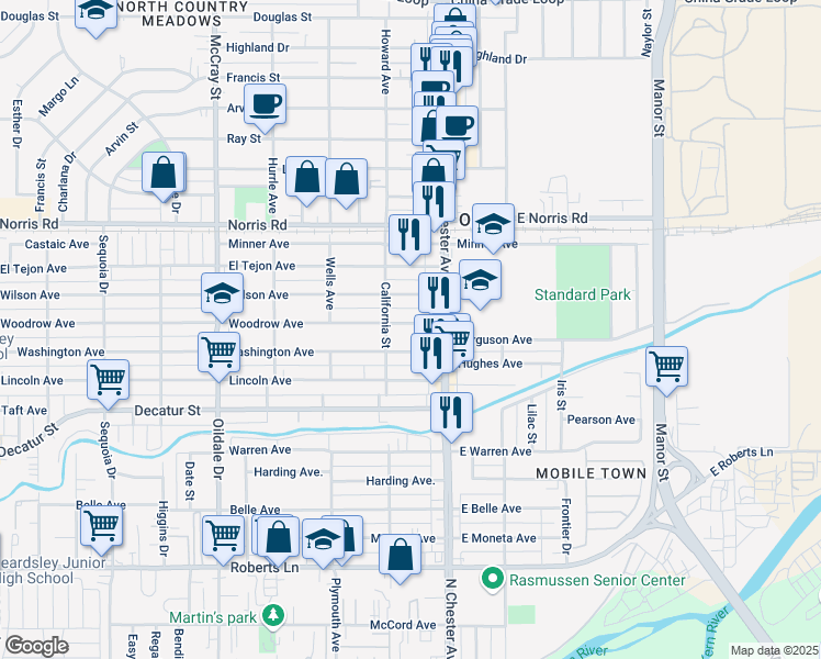 map of restaurants, bars, coffee shops, grocery stores, and more near 110 Woodrow Avenue in Bakersfield