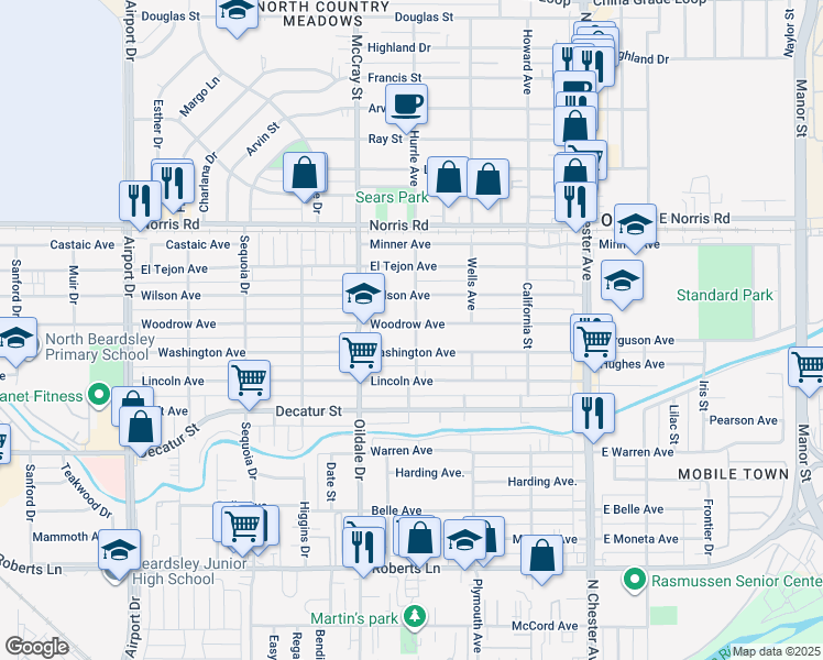 map of restaurants, bars, coffee shops, grocery stores, and more near 402 Woodrow Avenue in Bakersfield
