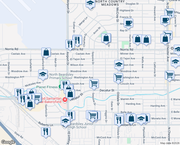 map of restaurants, bars, coffee shops, grocery stores, and more near 710 Woodrow Avenue in Bakersfield