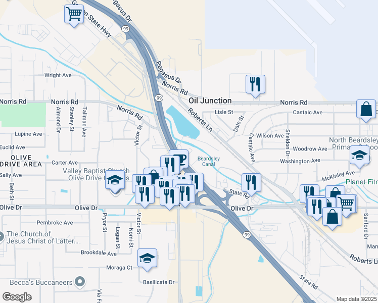map of restaurants, bars, coffee shops, grocery stores, and more near 6050 State Road in Bakersfield