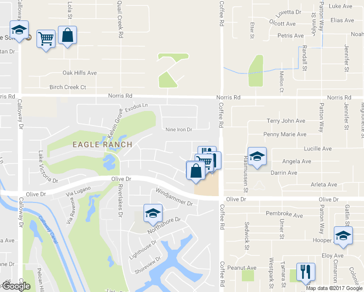 map of restaurants, bars, coffee shops, grocery stores, and more near 8413 Seven Hills Drive in Bakersfield