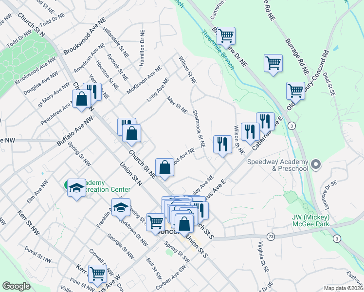 map of restaurants, bars, coffee shops, grocery stores, and more near 120 Orchard Place Northeast in Concord