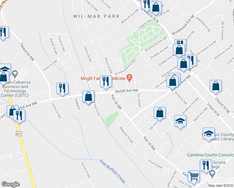 map of restaurants, bars, coffee shops, grocery stores, and more near 250 McGill Avenue Northwest in Concord