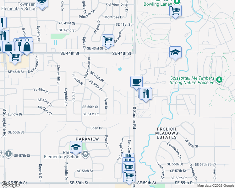 map of restaurants, bars, coffee shops, grocery stores, and more near 4909 Kindling Lane in Oklahoma City