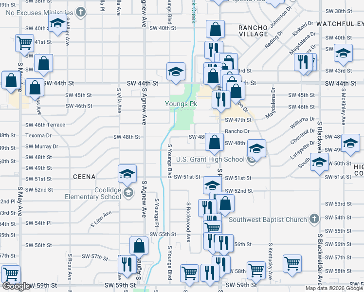 map of restaurants, bars, coffee shops, grocery stores, and more near 2216 Southwest 48th Street in Oklahoma City