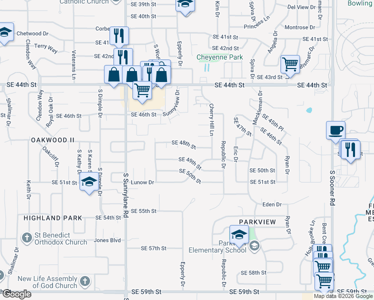map of restaurants, bars, coffee shops, grocery stores, and more near 4701 Southeast 48th Street in Oklahoma City