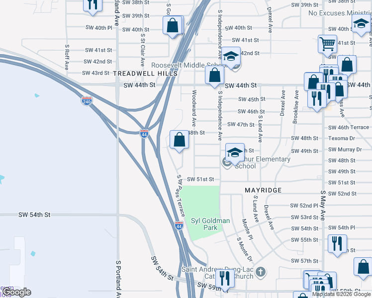 map of restaurants, bars, coffee shops, grocery stores, and more near 3416 Southwest 48th Street in Oklahoma City
