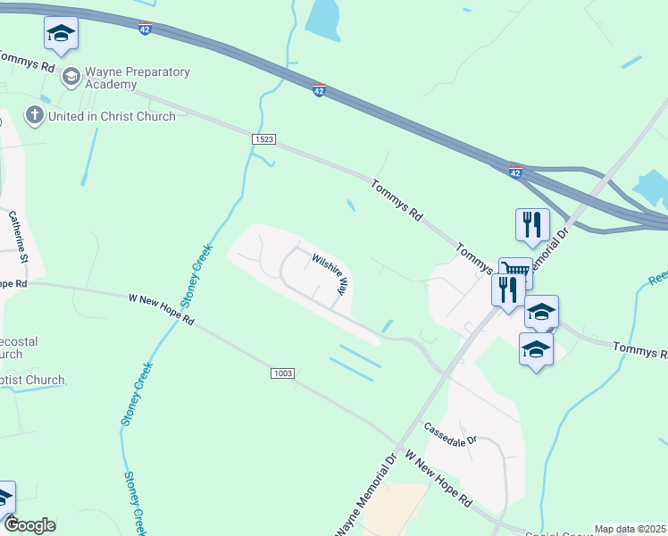 map of restaurants, bars, coffee shops, grocery stores, and more near 202 Wilshire Way in Goldsboro