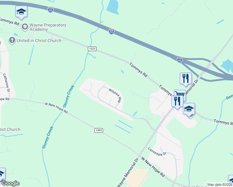 map of restaurants, bars, coffee shops, grocery stores, and more near Wilshire Way in Goldsboro
