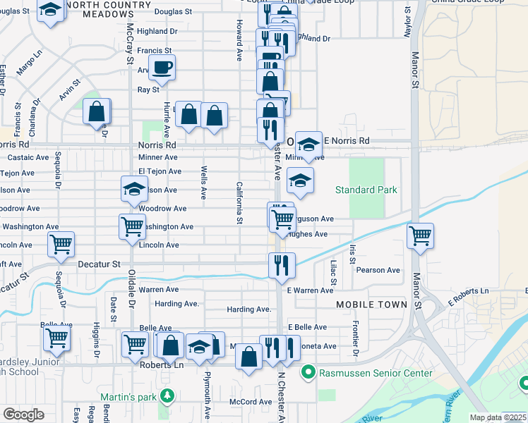 map of restaurants, bars, coffee shops, grocery stores, and more near 109 Woodrow Avenue in Bakersfield