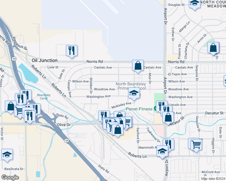 map of restaurants, bars, coffee shops, grocery stores, and more near 1207 Woodrow Avenue in Bakersfield