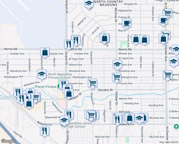 map of restaurants, bars, coffee shops, grocery stores, and more near 703 Woodrow Avenue in Bakersfield