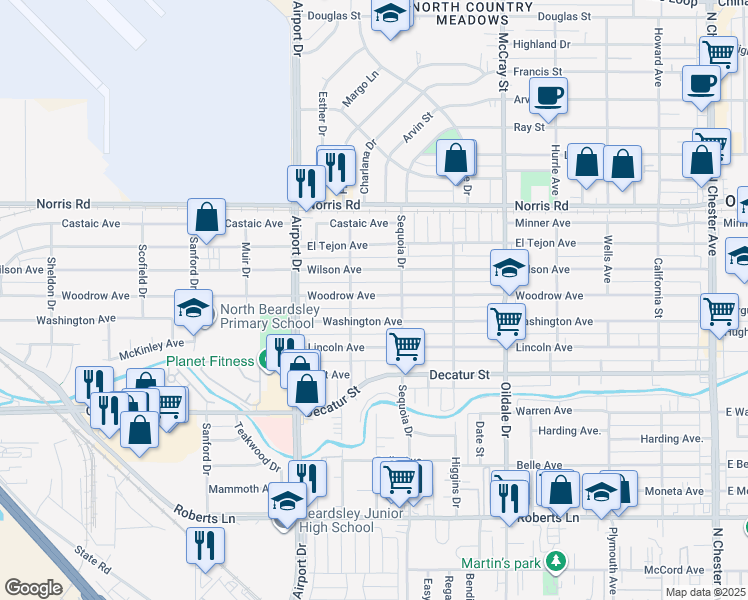 map of restaurants, bars, coffee shops, grocery stores, and more near 713 Woodrow Avenue in Bakersfield