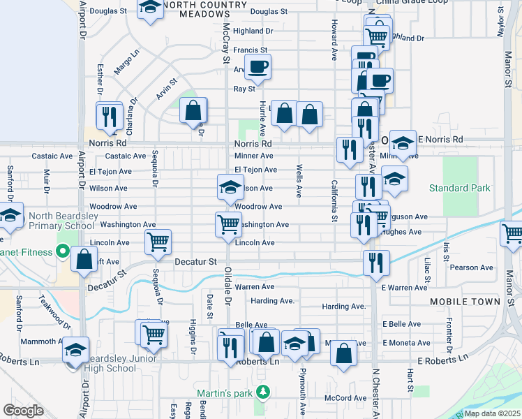 map of restaurants, bars, coffee shops, grocery stores, and more near 401 Woodrow Avenue in Bakersfield