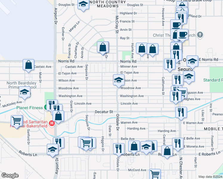 map of restaurants, bars, coffee shops, grocery stores, and more near 509 Woodrow Avenue in Bakersfield