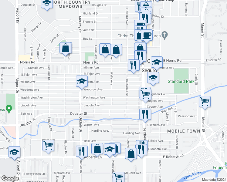 map of restaurants, bars, coffee shops, grocery stores, and more near 227 Woodrow Avenue in Bakersfield