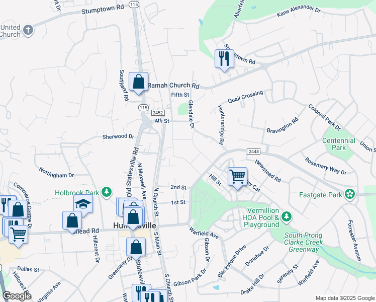 map of restaurants, bars, coffee shops, grocery stores, and more near 404 North Church Street in Huntersville
