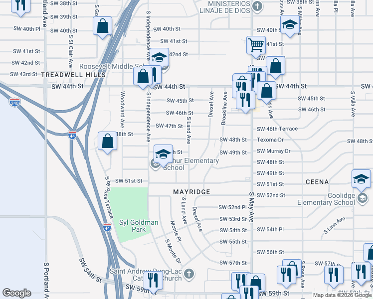 map of restaurants, bars, coffee shops, grocery stores, and more near 4904 South Land Avenue in Oklahoma City
