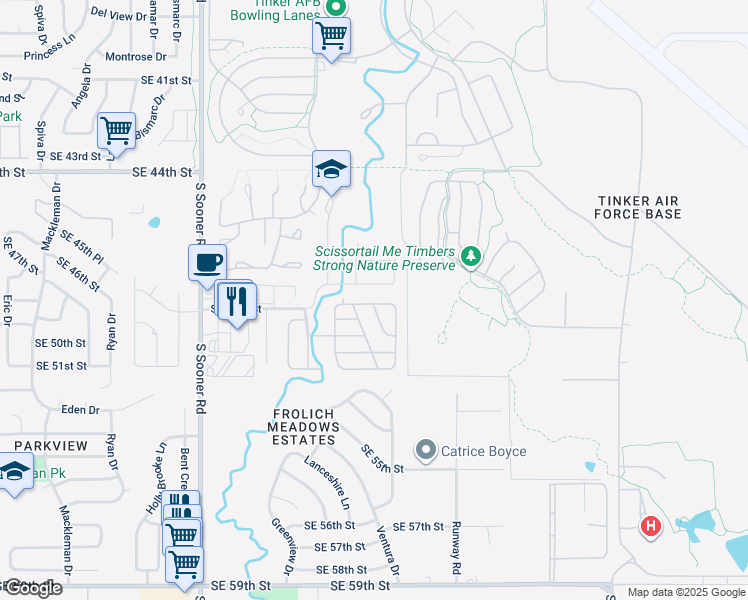 map of restaurants, bars, coffee shops, grocery stores, and more near 6200 Southeast 47th Street in Oklahoma City