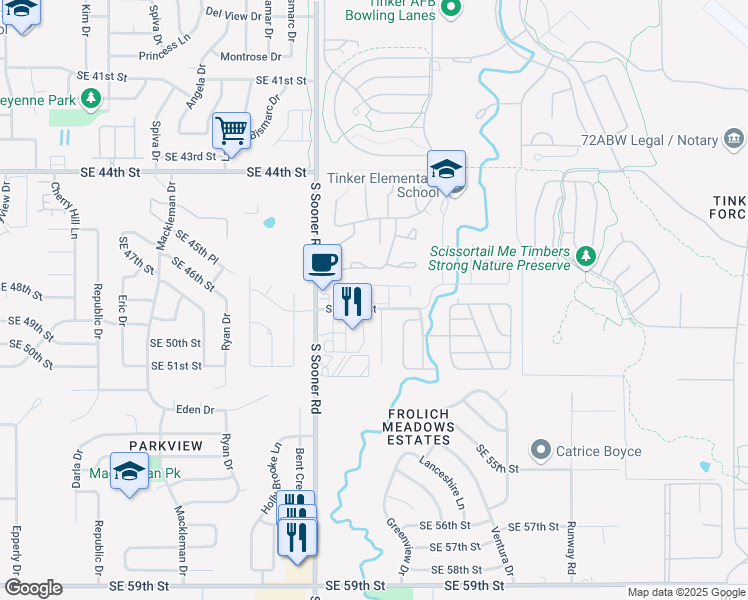 map of restaurants, bars, coffee shops, grocery stores, and more near 5707 Southeast 48th Street in Oklahoma City