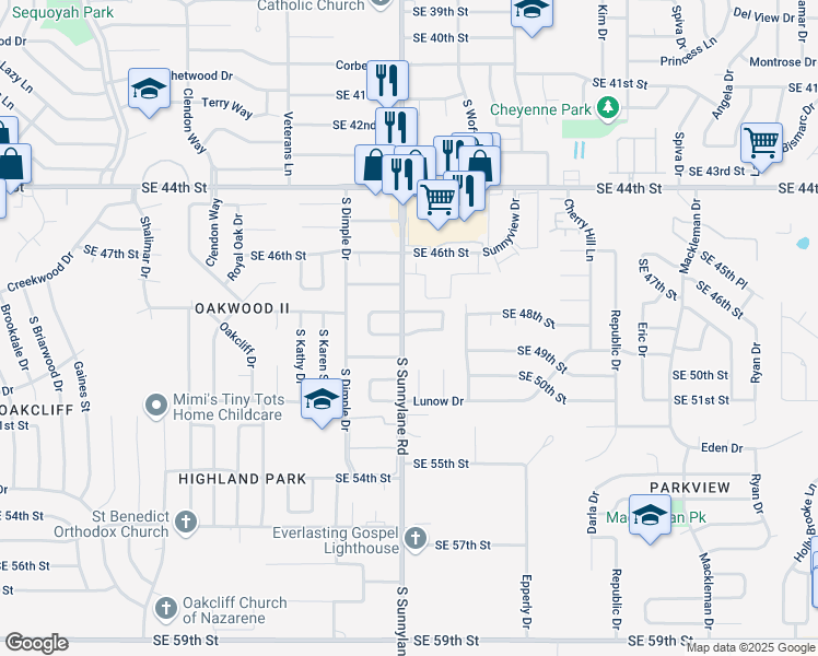 map of restaurants, bars, coffee shops, grocery stores, and more near 4301 Southeast 49th Terrace in Del City