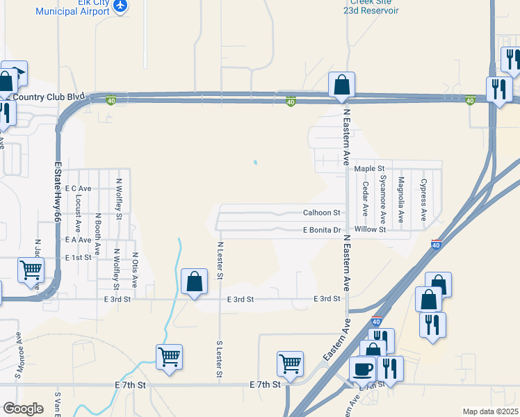 map of restaurants, bars, coffee shops, grocery stores, and more near 139 Calhoon Street in Elk City