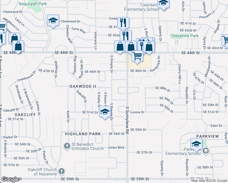 map of restaurants, bars, coffee shops, grocery stores, and more near 4905 Sunnydale Drive in Oklahoma City