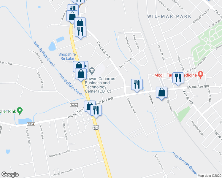 map of restaurants, bars, coffee shops, grocery stores, and more near 338 Gurley Drive Northwest in Concord