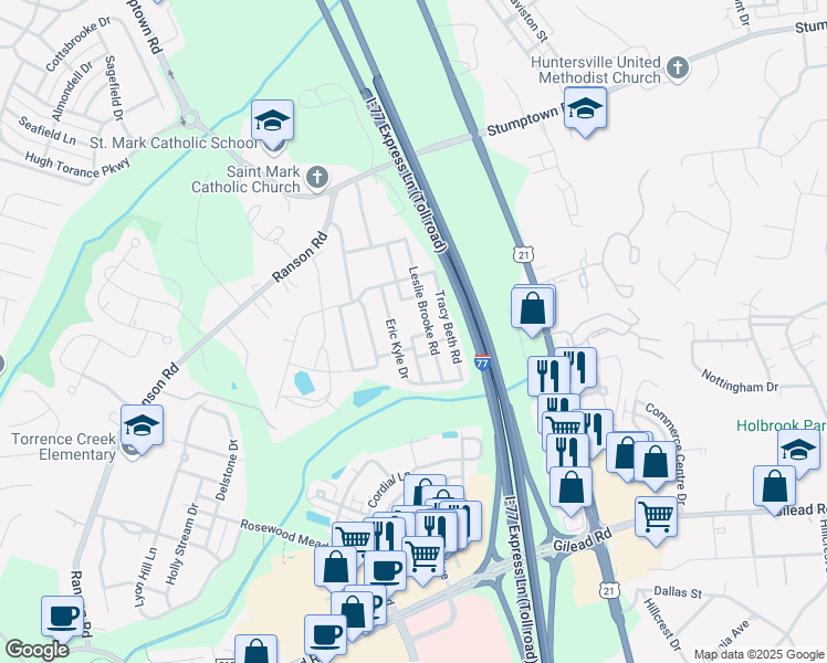 map of restaurants, bars, coffee shops, grocery stores, and more near 14570 Nicole Campbell Road in Huntersville
