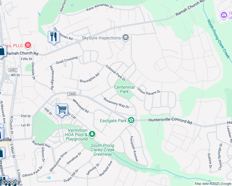map of restaurants, bars, coffee shops, grocery stores, and more near 13131 Province Valley Place in Huntersville