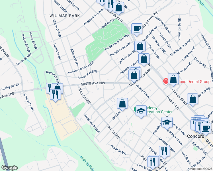 map of restaurants, bars, coffee shops, grocery stores, and more near 143 McGill Avenue Northwest in Concord