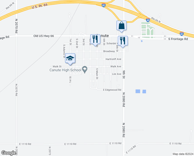 map of restaurants, bars, coffee shops, grocery stores, and more near 611 South Main Street in Canute