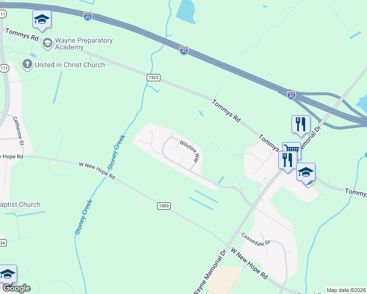 map of restaurants, bars, coffee shops, grocery stores, and more near Wilshire Way in Goldsboro