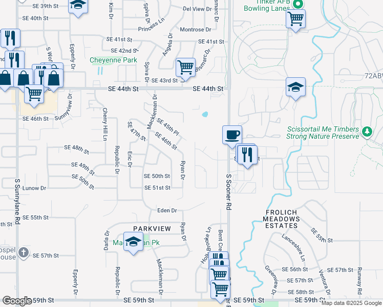 map of restaurants, bars, coffee shops, grocery stores, and more near 4909 Kindling Lane in Oklahoma City