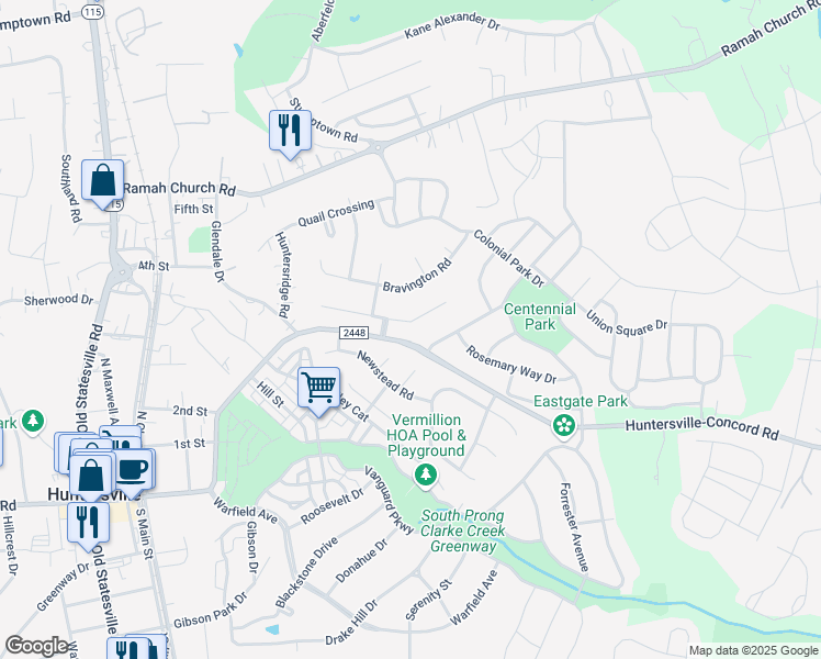 map of restaurants, bars, coffee shops, grocery stores, and more near 12620 Cumberland Crest Drive in Huntersville